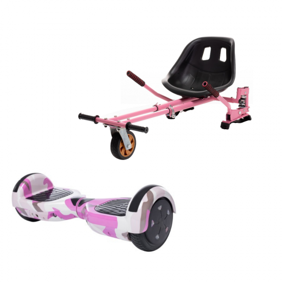 Set Hoverboard cu Scaun, Hoverkart Roz cu Suspensii Duble, Boxe Bluetooth, Lumini LED si Auto Balans, roti 6.5'', 15km Autonomie, Putere 700W, Baterie 4Ah Samsung Cell, Smart Balance Regular Camouflage Pink cu maner