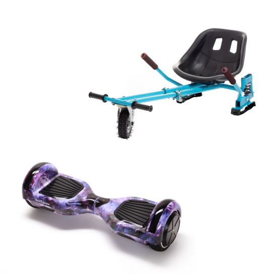 Set Hoverboard cu Scaun, Hoverkart Albastru cu Suspensii Duble, Boxe Bluetooth, Lumini LED si Auto Balans, roti 6.5'', 15km Autonomie, Putere 700W, Baterie 4Ah Samsung Cell, Smart Balance Regular Galaxy