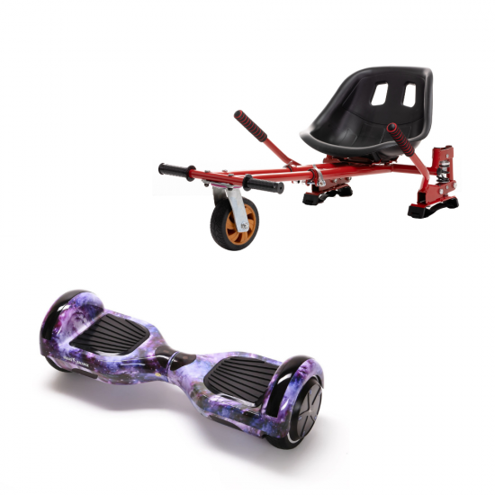 Set Hoverboard cu Scaun, Hoverkart Rosu cu Suspensii Duble, Boxe Bluetooth, Lumini LED si Auto Balans, roti 6.5'', 15km Autonomie, Putere 700W, Baterie 4Ah Samsung Cell, Smart Balance Regular Galaxy