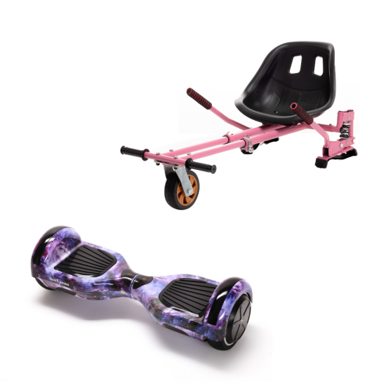 Set Hoverboard cu Scaun, Hoverkart Roz cu Suspensii Duble, Boxe Bluetooth, Lumini LED si Auto Balans, roti 6.5'', 15km Autonomie, Putere 700W, Baterie 4Ah Samsung Cell, Smart Balance Regular Galaxy