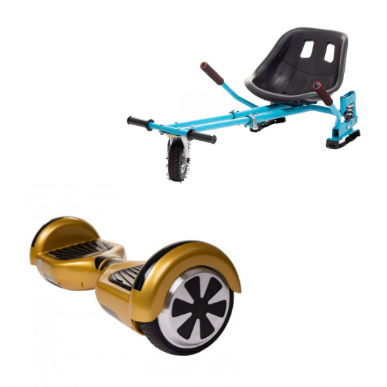 Set Hoverboard cu Scaun, Hoverkart Albastru cu Suspensii Duble, Boxe Bluetooth, Lumini LED si Auto Balans, roti 6.5'', 15km Autonomie, Putere 700W, Baterie 4Ah Samsung Cell, Smart Balance Regular Gold