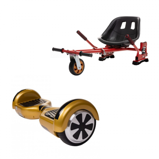 Set Hoverboard cu Scaun, Hoverkart Rosu cu Suspensii Duble, Boxe Bluetooth, Lumini LED si Auto Balans, roti 6.5'', 15km Autonomie, Putere 700W, Baterie 4Ah Samsung Cell, Smart Balance Regular Gold