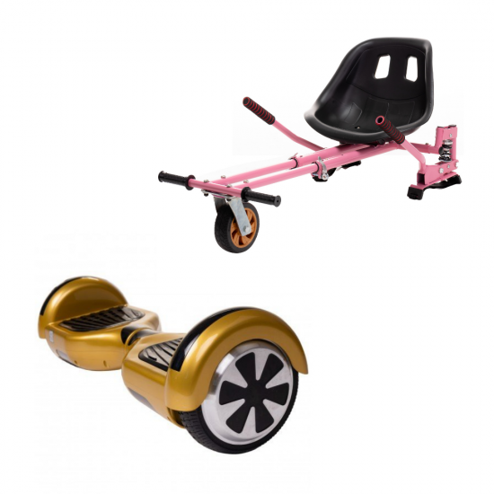 Set Hoverboard cu Scaun, Hoverkart Roz cu Suspensii Duble, Boxe Bluetooth, Lumini LED si Auto Balans, roti 6.5'', 15km Autonomie, Putere 700W, Baterie 4Ah Samsung Cell, Smart Balance Regular Gold