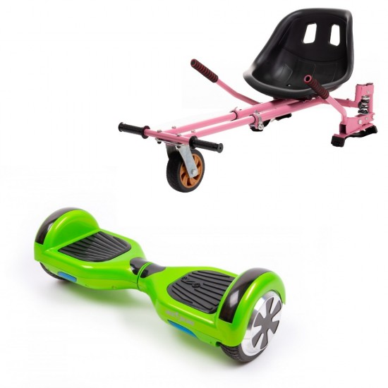 Set Hoverboard cu Scaun, Hoverkart Roz cu Suspensii Duble, Boxe Bluetooth, Lumini LED si Auto Balans, roti 6.5'', 15km Autonomie, Putere 700W, Baterie 4Ah Samsung Cell, Smart Balance Regular Green