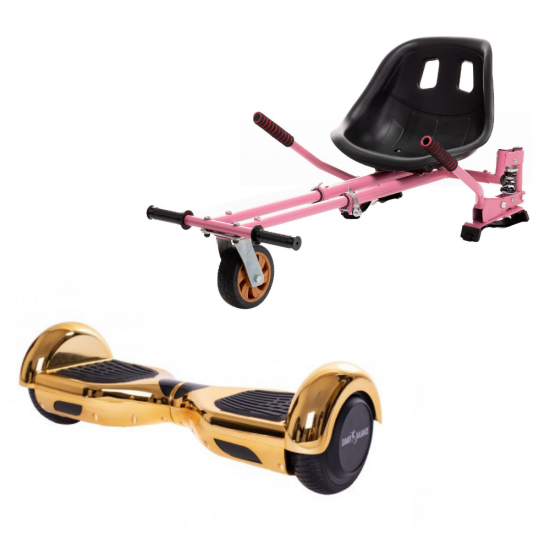 Set Hoverboard cu Scaun, Hoverkart Roz cu Suspensii Duble, Boxe Bluetooth, Lumini LED si Auto Balans, roti 6.5'', 15km Autonomie, Putere 700W, Baterie 4Ah Samsung Cell, Smart Balance Regular Iron New