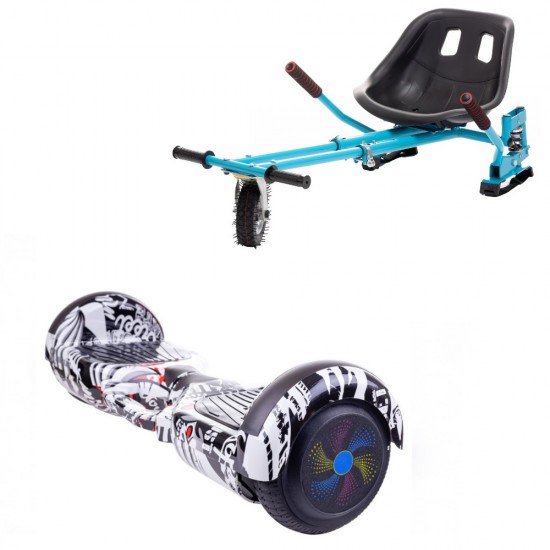 Set Hoverboard cu Scaun, Hoverkart Albastru cu Suspensii Duble, Boxe Bluetooth, Lumini LED si Auto Balans, roti 6.5'', 15km Autonomie, Putere 700W, Baterie 4Ah Samsung Cell, Smart Balance Regular Last Dead cu maner