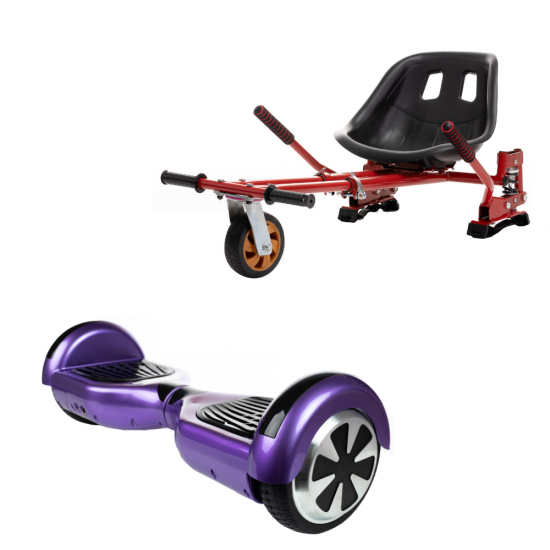 Set Hoverboard cu Scaun, Hoverkart Rosu cu Suspensii Duble, Boxe Bluetooth, Lumini LED si Auto Balans, roti 6.5'', 15km Autonomie, Putere 700W, Baterie 4Ah Samsung Cell, Smart Balance Regular Purple