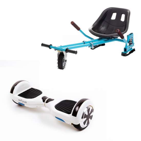 Set Hoverboard cu Scaun, Hoverkart Albastru cu Suspensii Duble, Boxe Bluetooth, Lumini LED si Auto Balans, roti 6.5'', 15km Autonomie, Putere 700W, Baterie 4Ah Samsung Cell, Smart Balance Regular White Pearl