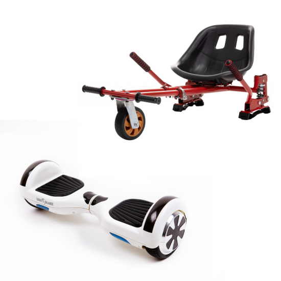 Set Hoverboard cu Scaun, Hoverkart Rosu cu Suspensii Duble, Boxe Bluetooth, Lumini LED si Auto Balans, roti 6.5'', 15km Autonomie, Putere 700W, Baterie 4Ah Samsung Cell, Smart Balance Regular White Pearl