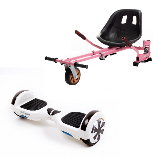 Set Hoverboard cu Scaun, Hoverkart Roz cu Suspensii Duble, Boxe Bluetooth, Lumini LED si Auto Balans, roti 6.5'', 15km Autonomie, Putere 700W, Baterie 4Ah Samsung Cell, Smart Balance Regular White Pearl