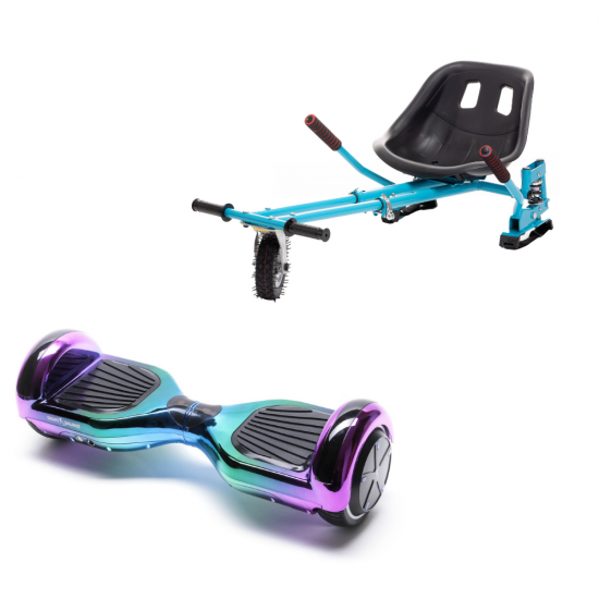 Set Hoverboard cu Scaun, Hoverkart Albastru cu Suspensii Duble, Boxe Bluetooth, Lumini LED si Auto Balans, roti 6.5'', 15km Autonomie, Putere 700W, Baterie 4Ah Samsung Cell, Smart Balance Regular Dakota