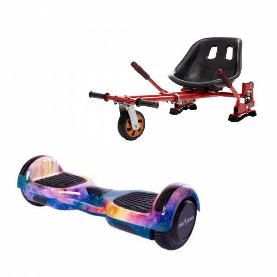 Set Hoverboard cu Scaun, Hoverkart Rosu cu Suspensii Duble, Boxe Bluetooth, Lumini LED si Auto Balans, roti 6.5'', 15km Autonomie, Putere 700W, Baterie 4Ah Samsung Cell, Smart Balance Regular Galaxy Orange cu maner