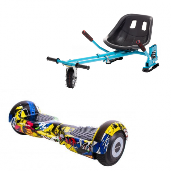 Set Hoverboard cu Scaun, Hoverkart Albastru cu Suspensii Duble, Boxe Bluetooth, Lumini LED si Auto Balans, roti 6.5'', 15km Autonomie, Putere 700W, Baterie 4Ah Samsung Cell, Smart Balance Regular HipHop cu maner