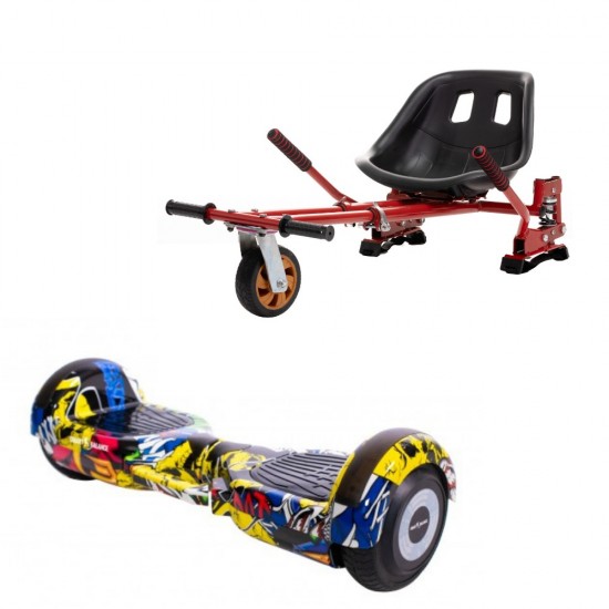 Set Hoverboard cu Scaun, Hoverkart Rosu cu Suspensii Duble, Boxe Bluetooth, Lumini LED si Auto Balans, roti 6.5'', 15km Autonomie, Putere 700W, Baterie 4Ah Samsung Cell, Smart Balance Regular HipHop cu maner