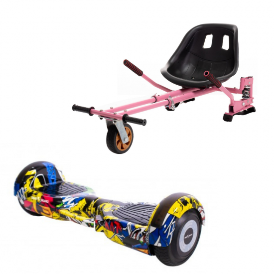 Set Hoverboard cu Scaun, Hoverkart Roz cu Suspensii Duble, Boxe Bluetooth, Lumini LED si Auto Balans, roti 6.5'', 15km Autonomie, Putere 700W, Baterie 4Ah Samsung Cell, Smart Balance Regular HipHop cu maner