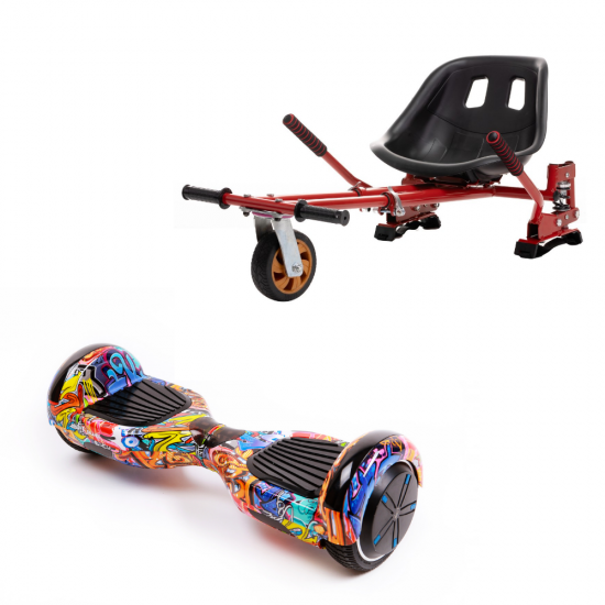 Set Hoverboard cu Scaun, Hoverkart Rosu cu Suspensii Duble, Boxe Bluetooth, Lumini LED si Auto Balans, roti 6.5'', 15km Autonomie, Putere 700W, Baterie 4Ah Samsung Cell, Smart Balance Regular HipHop Orange