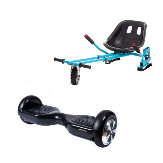 Set Hoverboard cu Scaun, Hoverkart Albastru cu Suspensii Duble, Boxe Bluetooth, Lumini LED si Auto Balans, roti 6.5'', 15km Autonomie, Putere 700W, Baterie 4Ah Samsung Cell, Smart Balance Regular Black