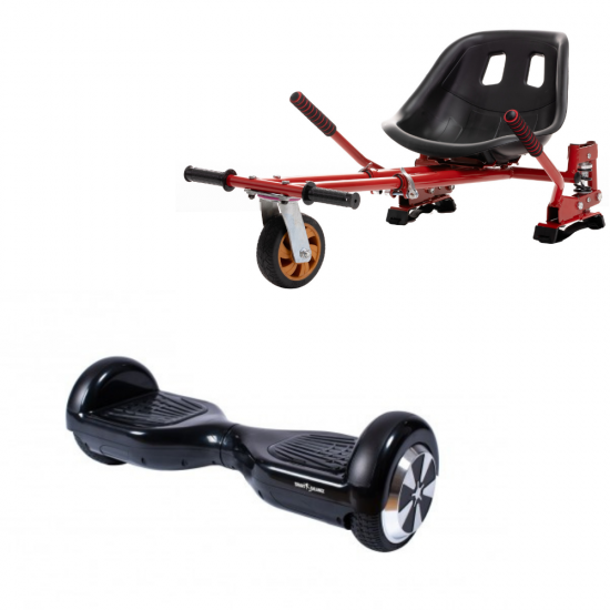 Set Hoverboard cu Scaun, Hoverkart Rosu cu Suspensii Duble, Boxe Bluetooth, Lumini LED si Auto Balans, roti 6.5'', 15km Autonomie, Putere 700W, Baterie 4Ah Samsung Cell, Smart Balance Regular Black