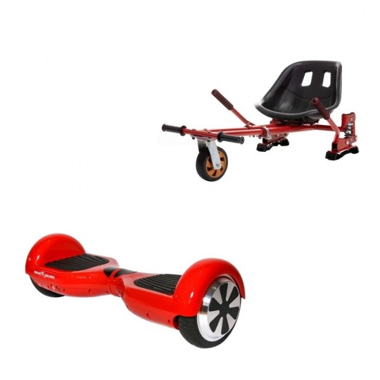 Set Hoverboard cu Scaun, Hoverkart Rosu cu Suspensii Duble, Boxe Bluetooth, Lumini LED si Auto Balans, roti 6.5'', 15km Autonomie, Putere 700W, Baterie 4Ah Samsung Cell, Smart Balance Regular Red PowerBoard