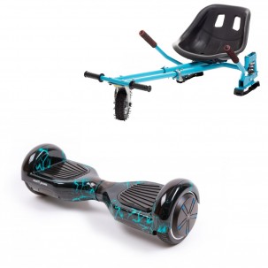 Set Hoverboard cu Scaun, Hoverkart Albastru cu Suspensii Duble, Boxe Bluetooth, Lumini LED si Auto Balans, roti 6.5'', 15km Autonomie, Putere 700W, Baterie 4Ah Samsung Cell, Smart Balance Regular Thunderstorm