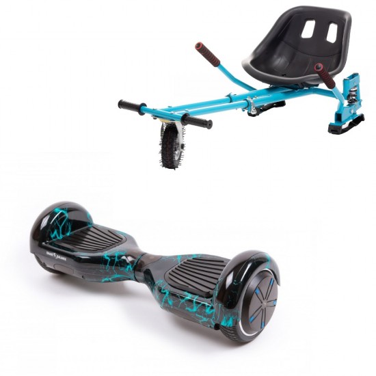 Set Hoverboard cu Scaun, Hoverkart Albastru cu Suspensii Duble, Boxe Bluetooth, Lumini LED si Auto Balans, roti 6.5'', 15km Autonomie, Putere 700W, Baterie 4Ah Samsung Cell, Smart Balance Regular Thunderstorm