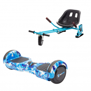 Pachet Hoverboard cu Scaun Smart Balance™, Regular Camouflage Blue cu Maner, roti 6.5 inch, Bluetooth, Autobalans, LED Lights, 700W, Baterie cu Celule Samsung + Scaun Hoverboard cu Suspensii Albastru
