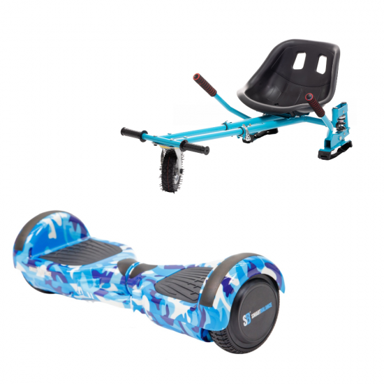 Set Hoverboard cu Scaun, Hoverkart Albastru cu Suspensii Duble, Boxe Bluetooth, Lumini LED si Auto Balans, roti 6.5'', 15km Autonomie, Putere 700W, Baterie 4Ah Samsung Cell, Smart Balance Regular Camouflage Blue cu maner