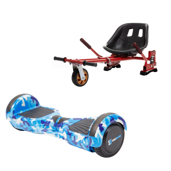 Set Hoverboard cu Scaun, Hoverkart Rosu cu Suspensii Duble, Boxe Bluetooth, Lumini LED si Auto Balans, roti 6.5'', 15km Autonomie, Putere 700W, Baterie 4Ah Samsung Cell, Smart Balance Regular Camouflage Blue cu maner