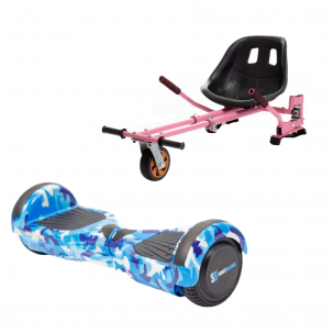 Pachet Hoverboard cu Scaun Smart Balance™, Regular Camouflage Blue cu Maner, roti 6.5 inch, Bluetooth, Autobalans, LED Lights, 700W, Baterie cu Celule Samsung + Scaun Hoverboard cu Suspensii Roz