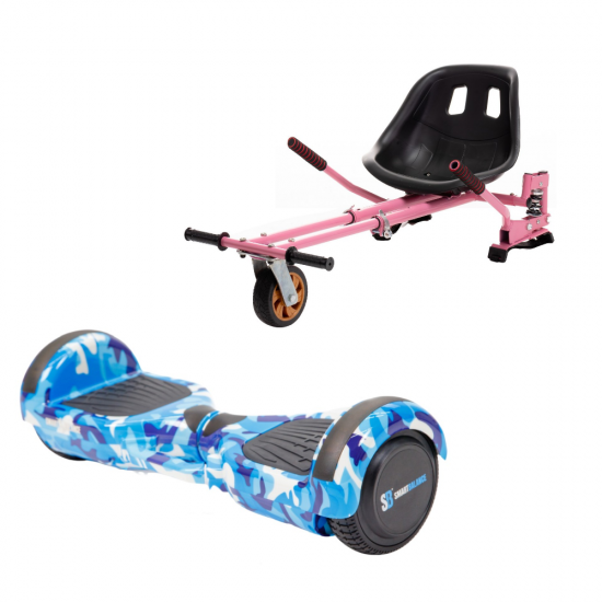 Set Hoverboard cu Scaun, Hoverkart Roz cu Suspensii Duble, Boxe Bluetooth, Lumini LED si Auto Balans, roti 6.5'', 15km Autonomie, Putere 700W, Baterie 4Ah Samsung Cell, Smart Balance Regular Camouflage Blue cu maner