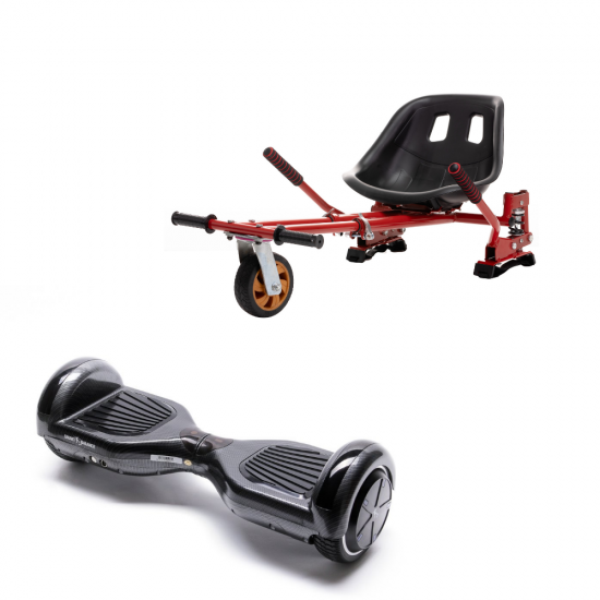 Set Hoverboard cu Scaun, Hoverkart Rosu cu Suspensii Duble, Boxe Bluetooth, Lumini LED si Auto Balans, roti 6.5'', 15km Autonomie, Putere 700W, Baterie 4Ah Samsung Cell, Smart Balance Regular Carbon