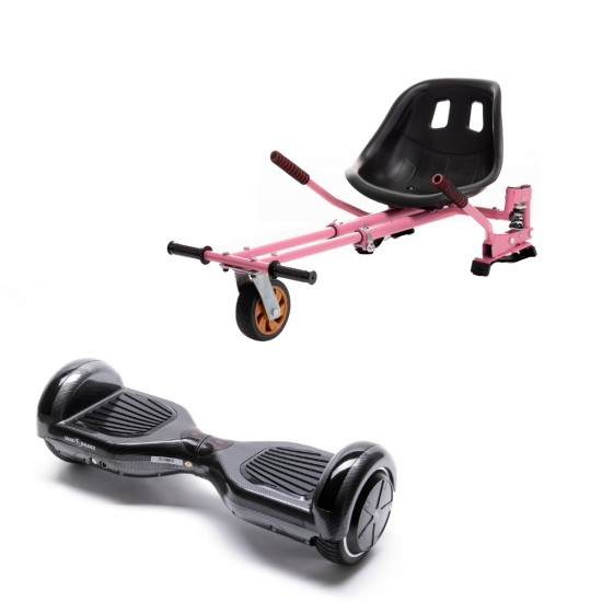 Set Hoverboard cu Scaun, Hoverkart Roz cu Suspensii Duble, Boxe Bluetooth, Lumini LED si Auto Balans, roti 6.5'', 15km Autonomie, Putere 700W, Baterie 4Ah Samsung Cell, Smart Balance Regular Carbon