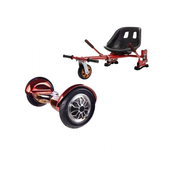 Set Hoverboard OffRoad cu Scaun, Hoverkart Rosu cu Suspensii Duble, Boxe Bluetooth, Lumini LED si Auto Balans, roti 10'', 15km Autonomie, Putere 700W, Baterie 4Ah Samsung Cell, Smart Balance OffRoad Sunset 