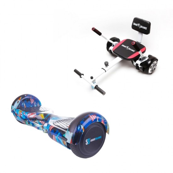 Set Hoverboard cu Scaun, Hoverkart Confort, Boxe Bluetooth, Lumini LED si Auto Balans, roti 6.5'', 15km Autonomie, Putere 700W, Baterie 4Ah Samsung Cell, Smart Balance Regular America cu maner