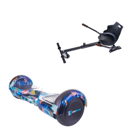 Set Hoverboard cu Scaun, Hoverkart Ergonomic, Boxe Bluetooth, Lumini LED si Auto Balans, roti 6.5'', 15km Autonomie, Putere 700W, Baterie 4Ah Samsung Cell, Smart Balance Regular America cu maner