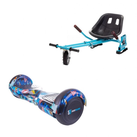 Set Hoverboard cu Scaun, Hoverkart Albastru cu Suspensii Duble, Boxe Bluetooth, Lumini LED si Auto Balans, roti 6.5'', 15km Autonomie, Putere 700W, Baterie 4Ah Samsung Cell, Smart Balance Regular America cu maner