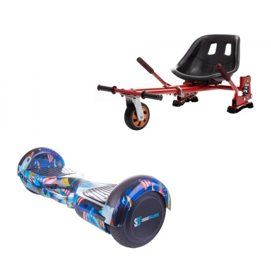 Set Hoverboard cu Scaun, Hoverkart Rosu cu Suspensii Duble, Boxe Bluetooth, Lumini LED si Auto Balans, roti 6.5'', 15km Autonomie, Putere 700W, Baterie 4Ah Samsung Cell, Smart Balance Regular America cu maner