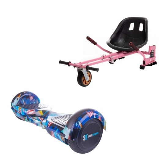 Set Hoverboard cu Scaun, Hoverkart Roz cu Suspensii Duble, Boxe Bluetooth, Lumini LED si Auto Balans, roti 6.5'', 15km Autonomie, Putere 700W, Baterie 4Ah Samsung Cell, Smart Balance Regular America cu maner