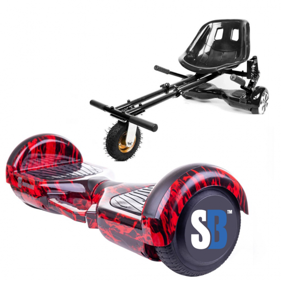 Set Hoverboard cu Scaun, Hoverkart Negru cu Suspensii Duble, Boxe Bluetooth, Lumini LED si Auto Balans, roti 6.5'', 15km Autonomie, Putere 700W, Baterie 4Ah Samsung Cell, Smart Balance Regular Flame cu maner