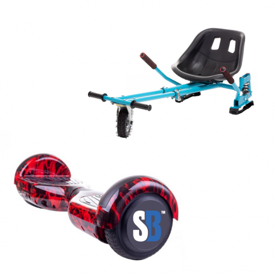 Set Hoverboard cu Scaun, Hoverkart Albastru cu Suspensii Duble, Boxe Bluetooth, Lumini LED si Auto Balans, roti 6.5'', 15km Autonomie, Putere 700W, Baterie 4Ah Samsung Cell, Smart Balance Regular Flame cu maner