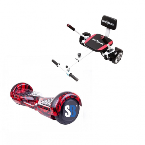 Set Hoverboard cu Scaun, Hoverkart Confort, Boxe Bluetooth, Lumini LED si Auto Balans, roti 6.5'', 15km Autonomie, Putere 700W, Baterie 4Ah Samsung Cell, Smart Balance Regular Flame cu maner