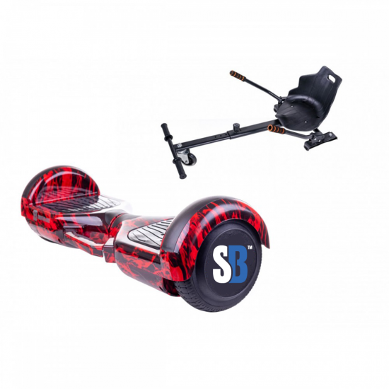 Set Hoverboard cu Scaun, Hoverkart Ergonomic, Boxe Bluetooth, Lumini LED si Auto Balans, roti 6.5'', 15km Autonomie, Putere 700W, Baterie 4Ah Samsung Cell, Smart Balance Regular Flame cu maner