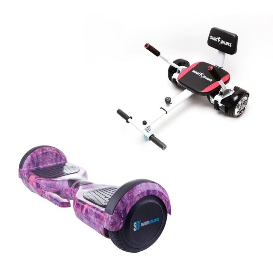 Set Hoverboard cu Scaun, Hoverkart Confort, Boxe Bluetooth, Lumini LED si Auto Balans, roti 6.5'', 15km Autonomie, Putere 700W, Baterie 4Ah Samsung Cell, Smart Balance Regular Galaxy pink cu maner