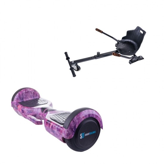 Set Hoverboard cu Scaun, Hoverkart Ergonomic, Boxe Bluetooth, Lumini LED si Auto Balans, roti 6.5'', 15km Autonomie, Putere 700W, Baterie 4Ah Samsung Cell, Smart Balance Regular Galaxy pink cu maner