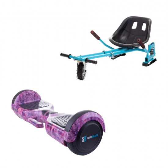 Set Hoverboard cu Scaun, Hoverkart Albastru cu Suspensii Duble, Boxe Bluetooth, Lumini LED si Auto Balans, roti 6.5'', 15km Autonomie, Putere 700W, Baterie 4Ah Samsung Cell, Smart Balance Regular Galaxy pink cu maner