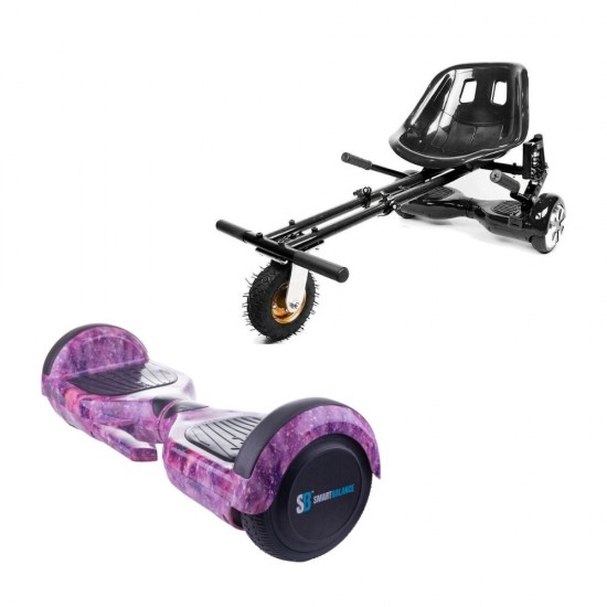 Set Hoverboard cu Scaun, Hoverkart Negru cu Suspensii Duble, Boxe Bluetooth, Lumini LED si Auto Balans, roti 6.5'', 15km Autonomie, Putere 700W, Baterie 4Ah Samsung Cell, Smart Balance Regular Galaxy pink cu maner