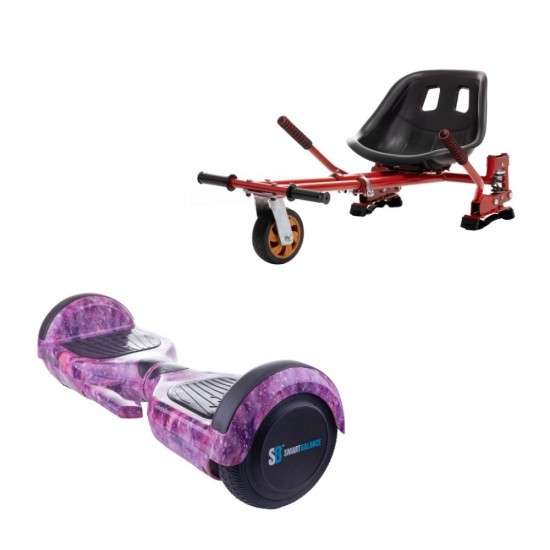 Set Hoverboard cu Scaun, Hoverkart Rosu cu Suspensii Duble, Boxe Bluetooth, Lumini LED si Auto Balans, roti 6.5'', 15km Autonomie, Putere 700W, Baterie 4Ah Samsung Cell, Smart Balance Regular Galaxy pink cu maner