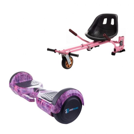 Set Hoverboard cu Scaun, Hoverkart Roz cu Suspensii Duble, Boxe Bluetooth, Lumini LED si Auto Balans, roti 6.5'', 15km Autonomie, Putere 700W, Baterie 4Ah Samsung Cell, Smart Balance Regular Galaxy pink cu maner