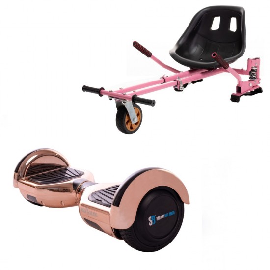 Set Hoverboard cu Scaun, Hoverkart Roz cu Suspensii Duble, Boxe Bluetooth, Lumini LED si Auto Balans, roti 6.5'', 15km Autonomie, Putere 700W, Baterie 4Ah Samsung Cell, Smart Balance Regular Iron Special