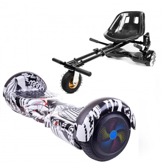 Set Hoverboard cu Scaun, Hoverkart Negru cu Suspensii Duble, Boxe Bluetooth, Lumini LED si Auto Balans, roti 6.5'', 15km Autonomie, Putere 700W, Baterie 4Ah Samsung Cell, Smart Balance Regular Last Dead cu maner